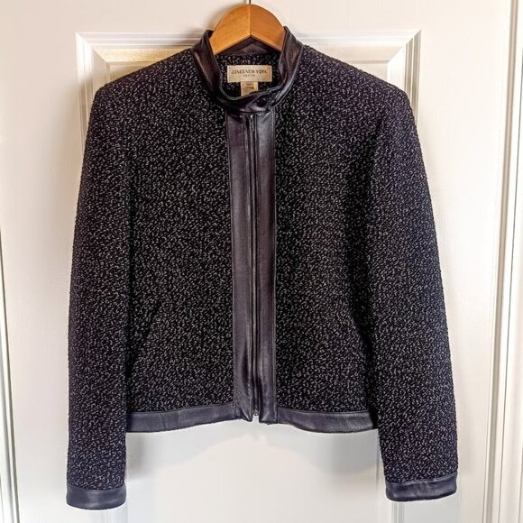 Jones New York Petite Tweed Leather Trim Zip Jacket - Picture 1 of 6